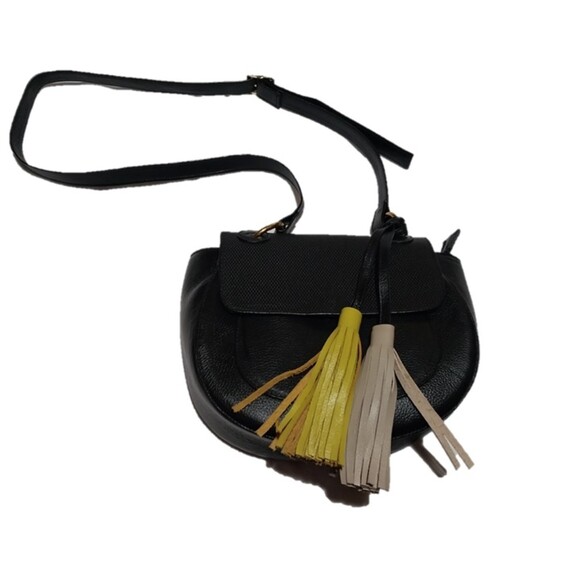 Juliana purse black faux leather saddle bag with yellow & cream tassels shoulder - Picture 1 of 7